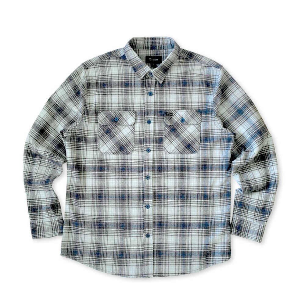 Brixton Bowery Plaid Flannel Long Sleeve Button Up Shirt Grey Business Casual - Picture 4 of 12